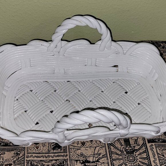 Vintage Ceramiche Italian Porcelain White Woven Basket With Handle Anacora Italy
